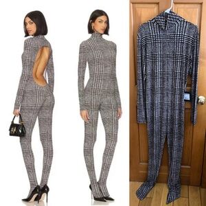 NWT Norma Kamali Long Sleeve Open Back Catsuit Footsie Chocolate Glenn Plaid XL